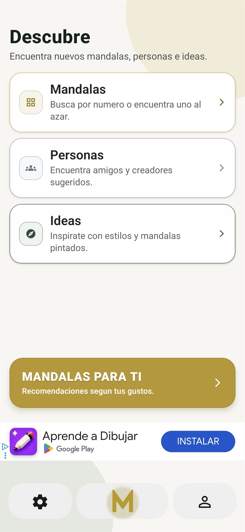 Pantalla Descubre de Mandaland con mandalas, personas e ideas