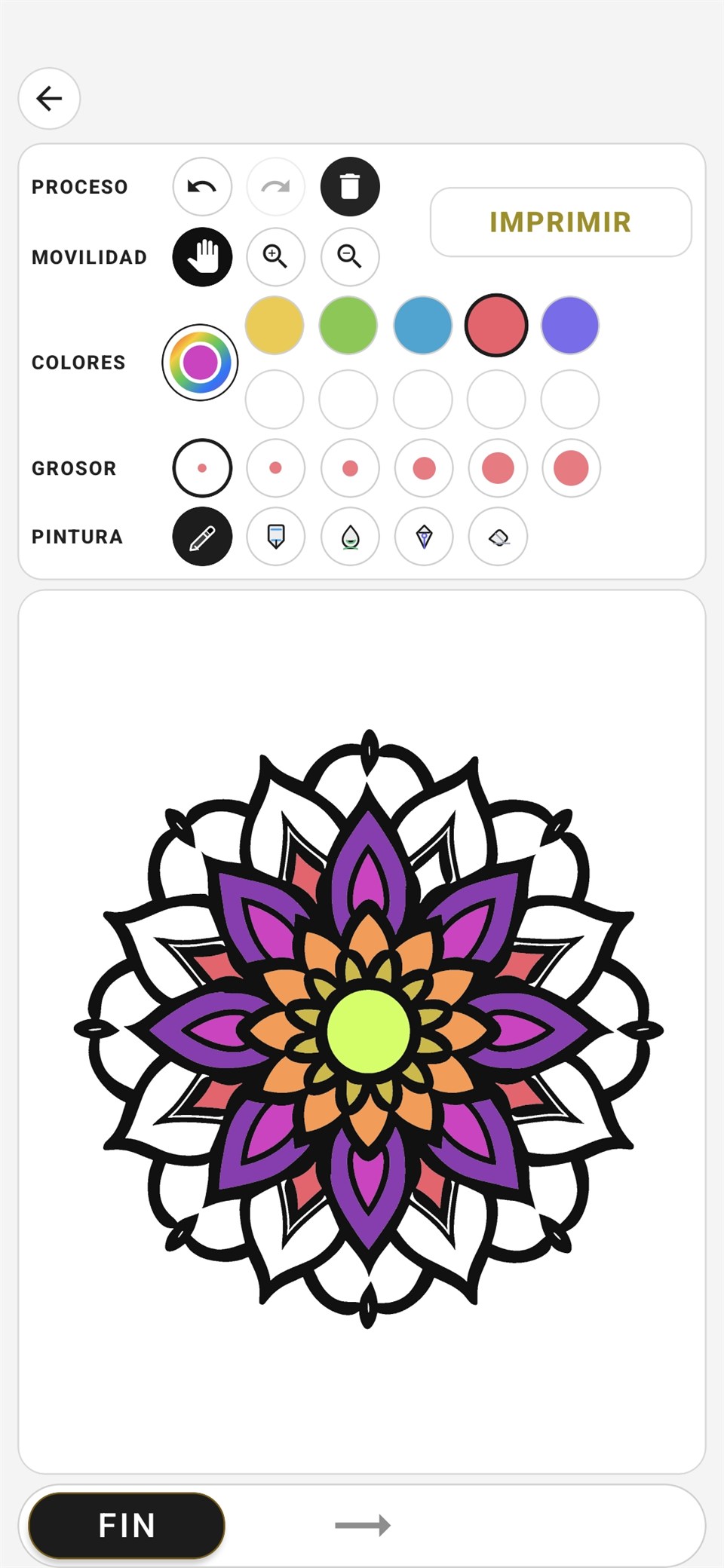 Captura de coloreado de mandala con controles de precisión en Mandaland